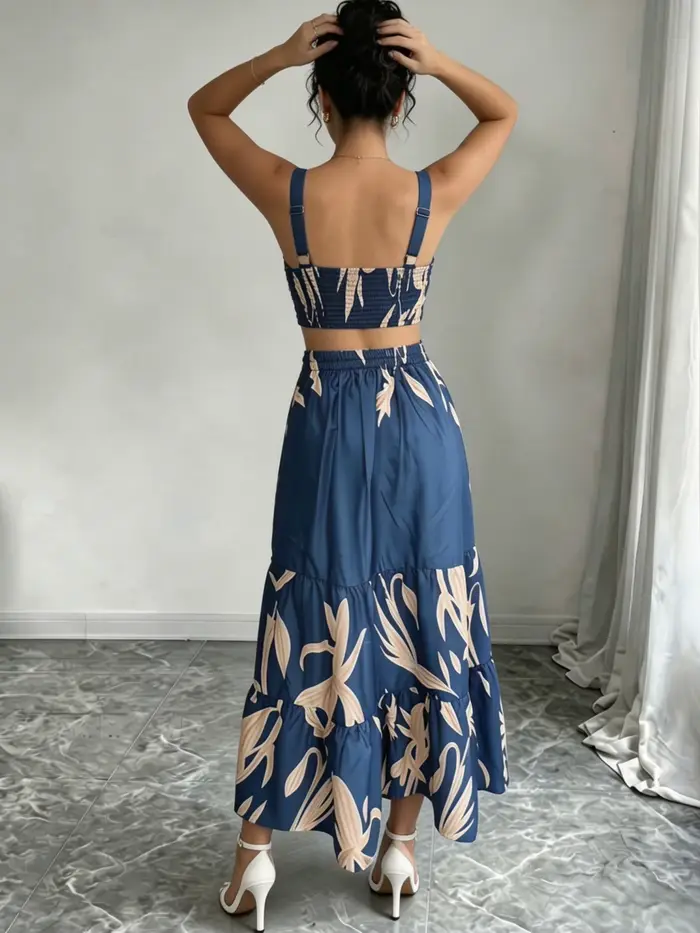 Robe midi bohème à imprimé feuilles bleues, col carré, ourlet à volants, robe fluide, pour les vacances à la plage, les fêtes, les tenues décontractées d'été, les tenues quotidiennes