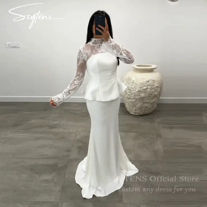SSYTENS Robes de mariée exquises en dentelle, style sirène, manches longues, pour mariée, Arabie Sao
