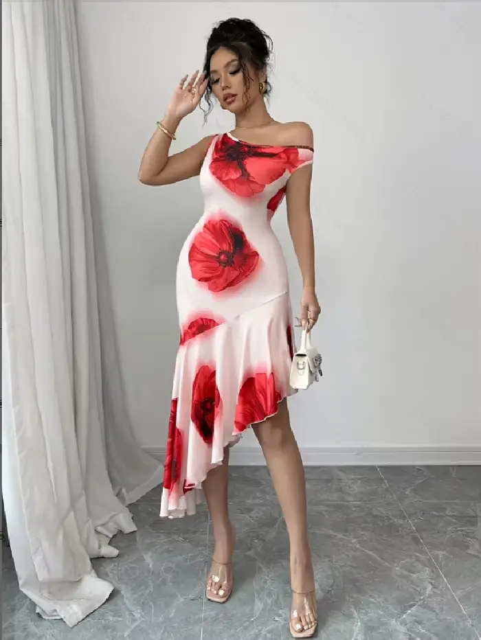 Robe décontractée à fleurs pour femmes junior, polyester, asymétrique, sans manches, mi-mollet, été, occasions spéciales