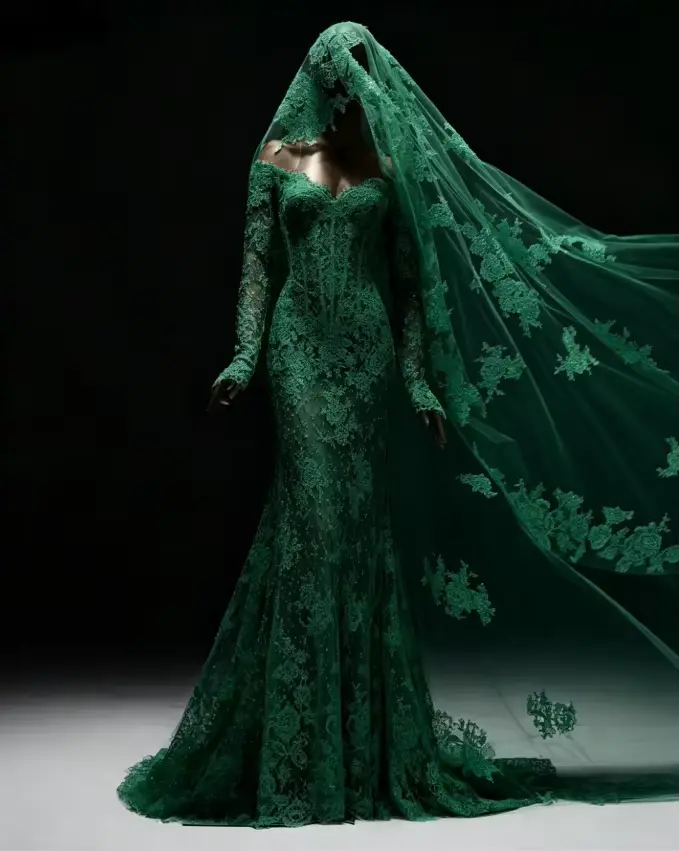 Robe de mariée sirène verte, épaules dénudées, dentelle perlée, robe de mariée afghane, robe de Nika
