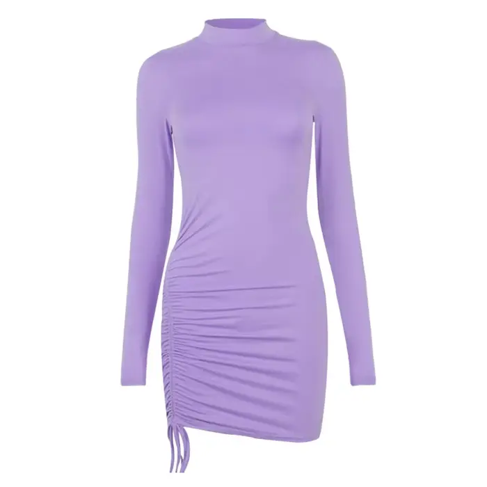Robes féminines tenues robe femme à manches longues couleur unie cordon col rond moulante