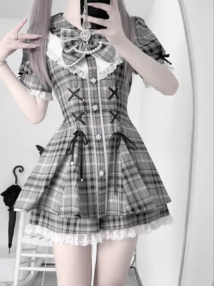 Robe chemise rétro grise à carreaux pour femme
