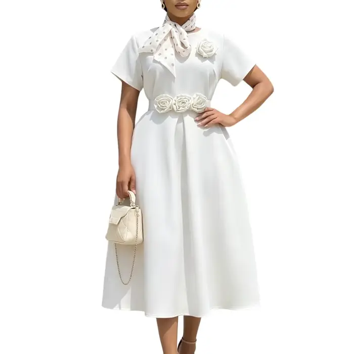 Robe plissée élégante pour femme, coupe trapèze, col rond, manches courtes, avec fleurs 3D, taille h