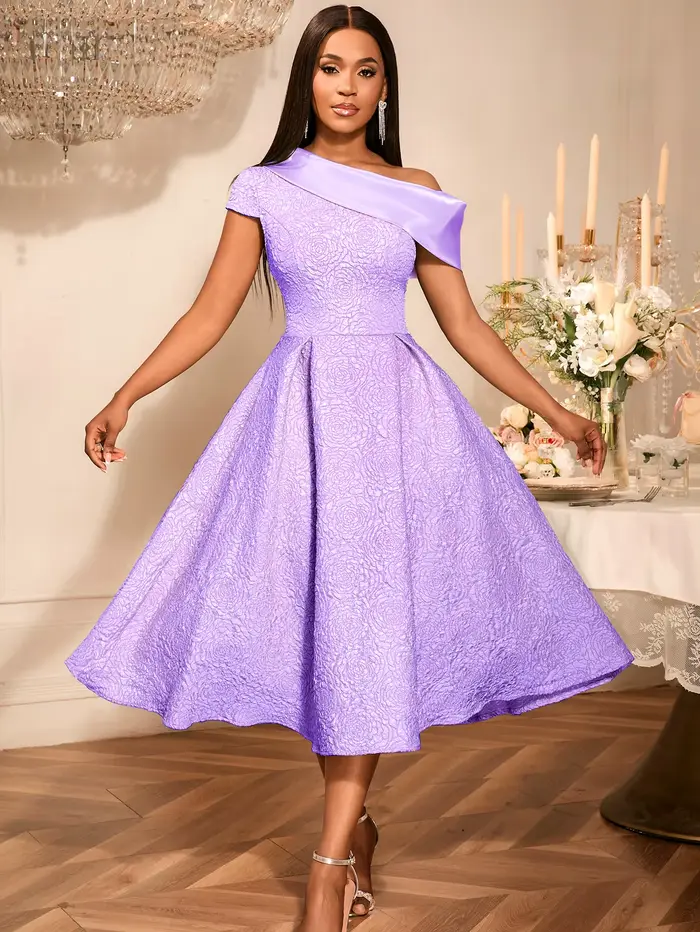 Robe élégante en Jacquard pour femmes, asymétrique épaule dénudée, col diagonale, manches courtes, ligne A, anniversaire, mariage, invité, bureau, dame chic