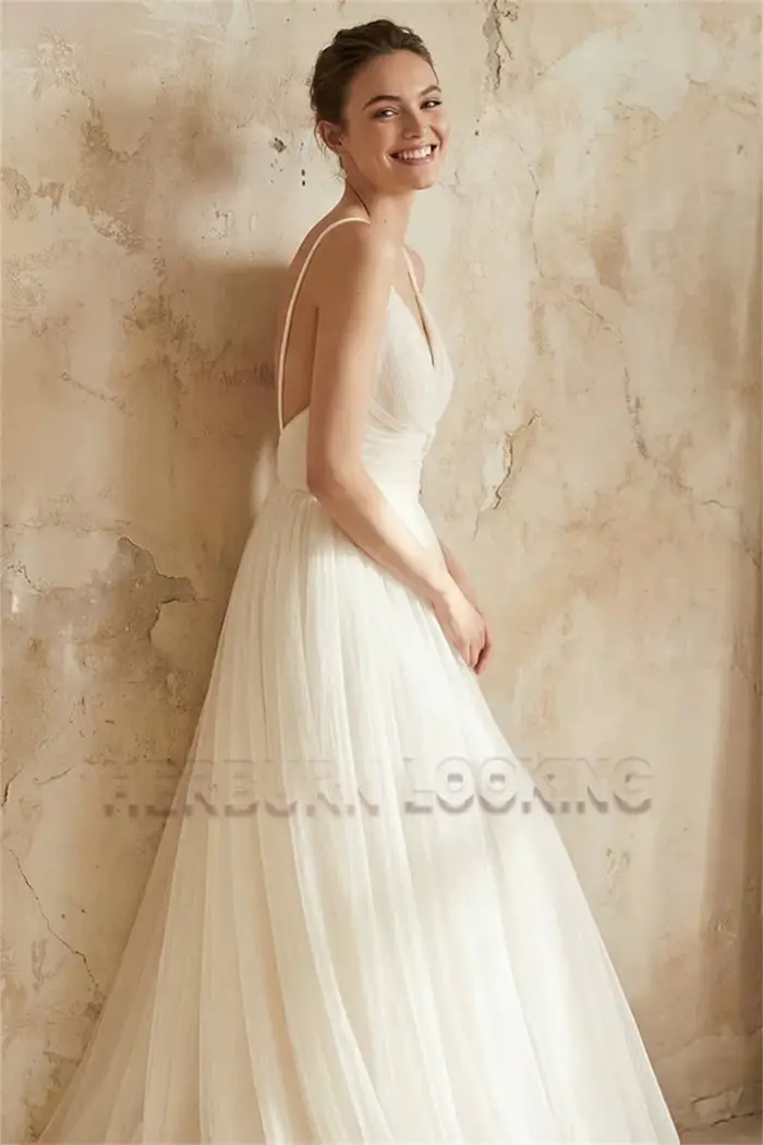 Robe de mariée HERBURN trapèze moderne en polyester avec col en V et bretelles spaghetti pour femmes occasions spéciales