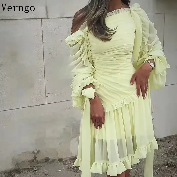 Robe de Soirée en Mousseline de Soie Jaune Verngo Épaule Nu, Manches Longues, Plissée, Occasions Formelles, Robe de Bal Personnalisée