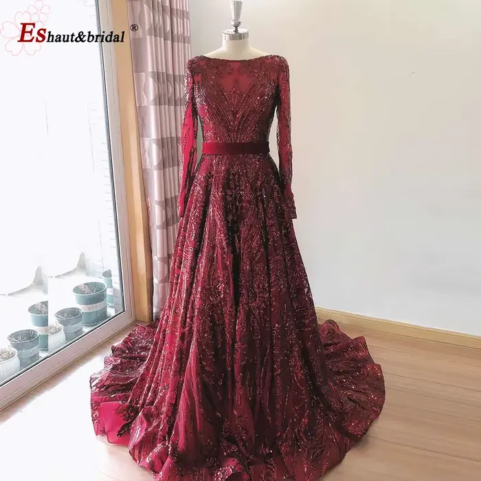 Robe de soirée de luxe A-Line Dubaï pour femme musulmane 2026, manches longues, sequins, grande tail