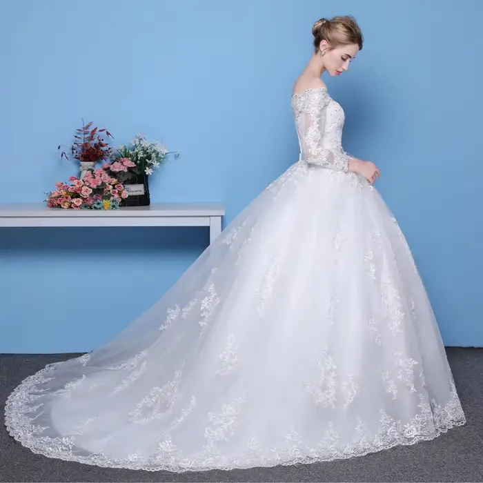 Robe de mariée en dentelle de princesse, manches longues, épaules dénudées, vintage, luxe, pour femmes, occasions spéciales, mariage, gala de charité