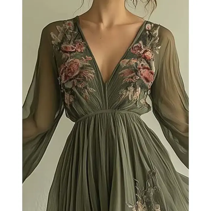Robe bohème décontractée en polyester avec col en V et plis pour femmes - Maxi robe de soirée et de festival
