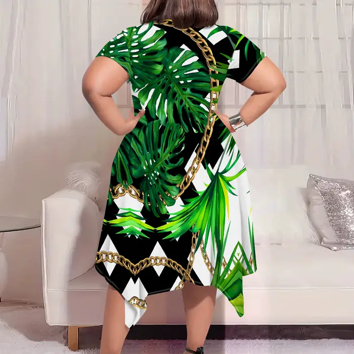 Robe mi-longue à imprimé hawaïen tropical – Manches courtes