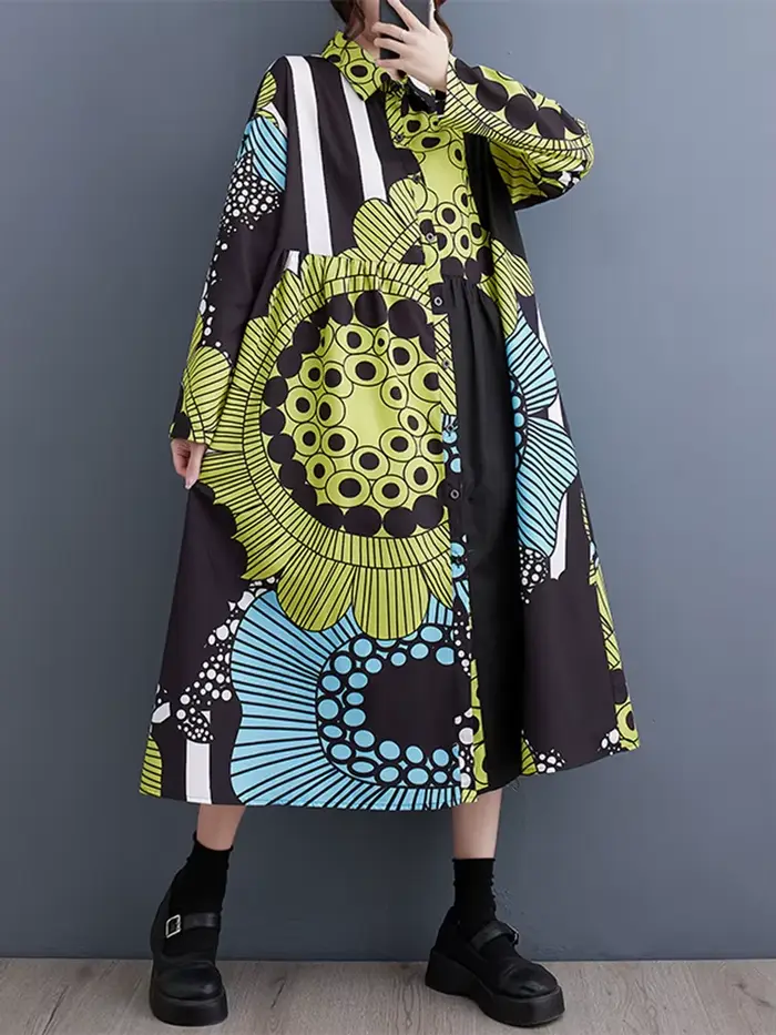 Robe chemise à manches longues imprimée vintage pour femmes, élégante et décontractée, idéale pour l'automne et les occasions spéciales