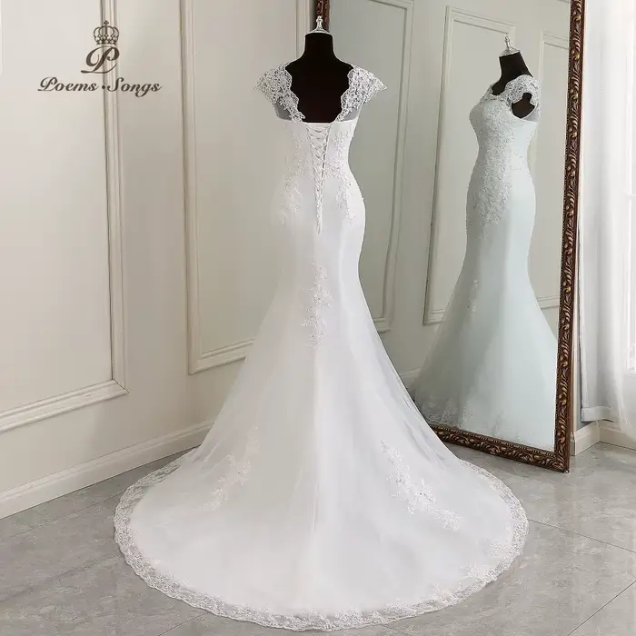 Robes élégantes personnalisées robe De mariée sirène manches courtes style dentelle Appliques