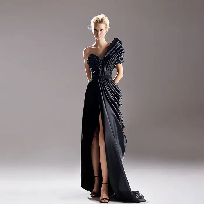 Robe de soirée noire, asymétrique épaule dénudée