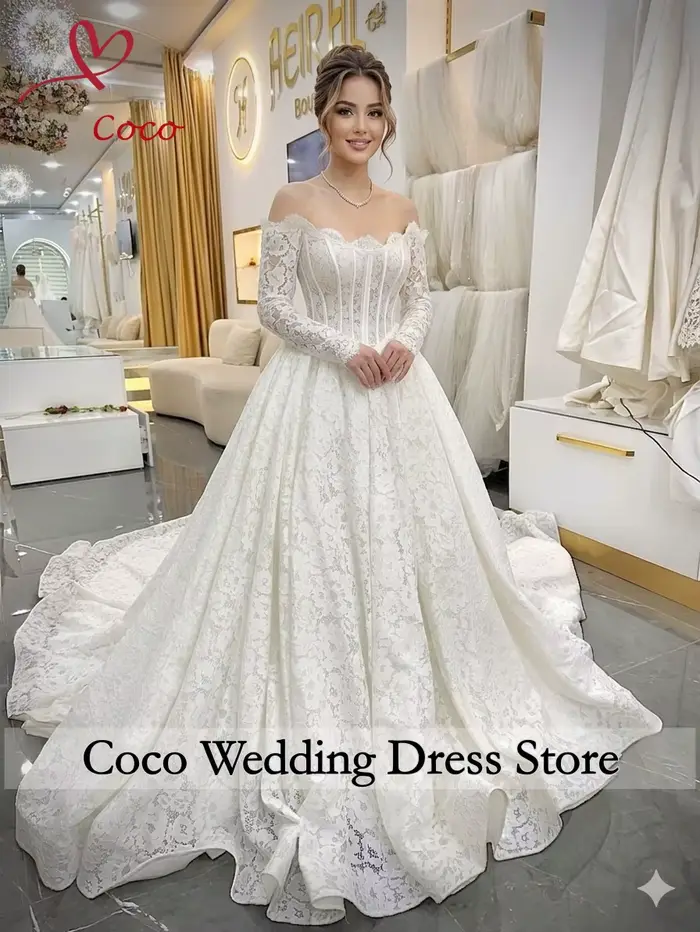 Robe de mariée personnalisée exquise, style A-line, avec fleurs volumineuses, manches longues, décol