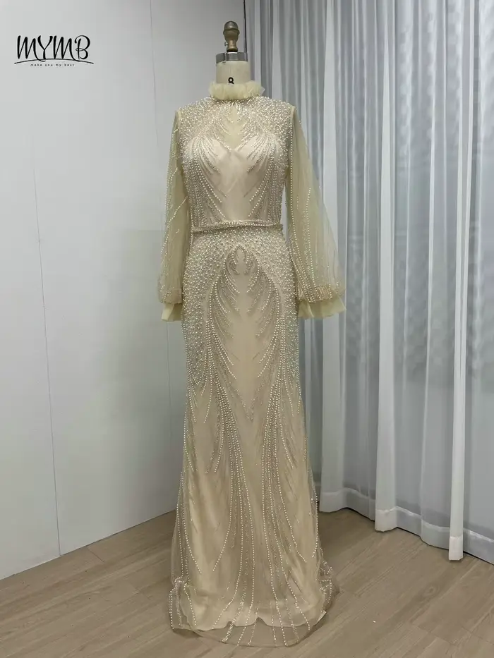MYMB-Robe de soirée élégante pour femme musulmane, manches longues, col haut, perles magnifiques, si