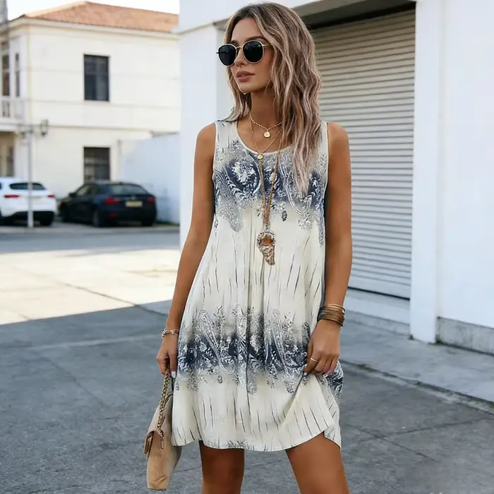 Robe bohème sans manches ample et légère avec impression effets encre pour femmes style plage printemps été ocassions spéciales
