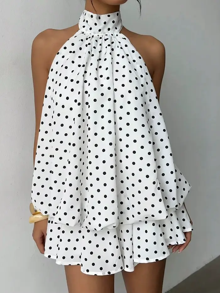 Robe Courte Halter Femme Blanche et Noire à Pois, Sans Manches, Volants Superposés, Coupe Trapèze, É