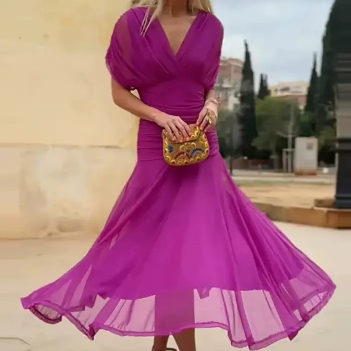 Robe de soirée longue en maille plissée pour femmes