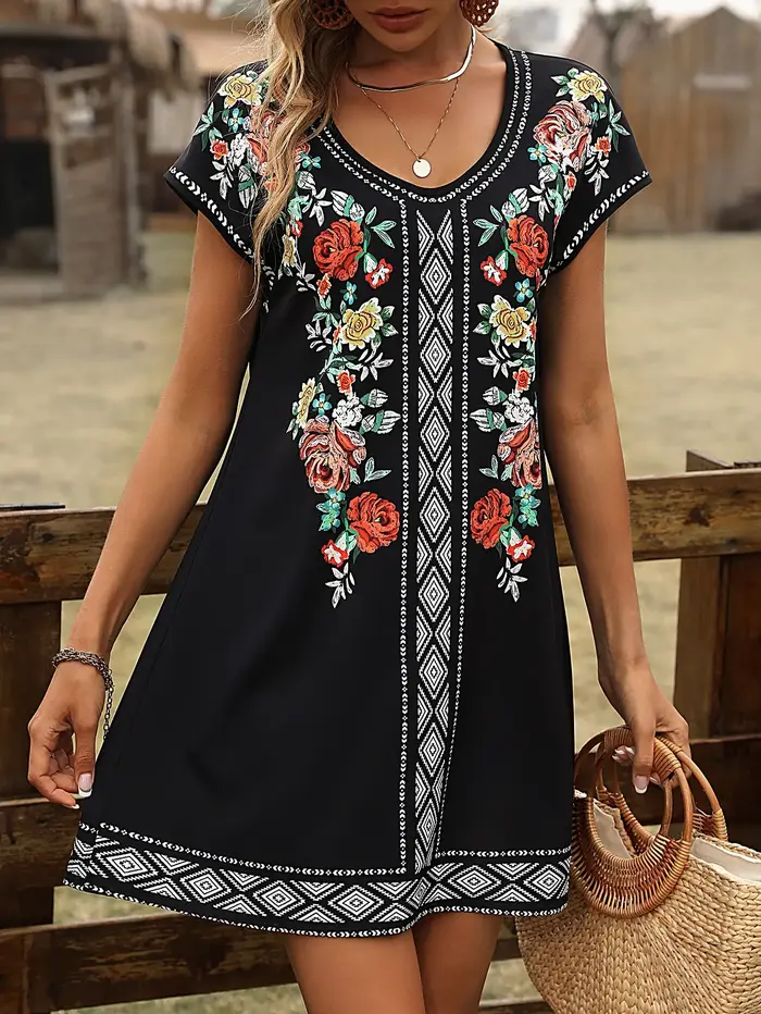 Robe noire à imprimé floral bohème col rond manches courtes style ethnique coupe ample mini-robe de vacances femme occassions spéciales