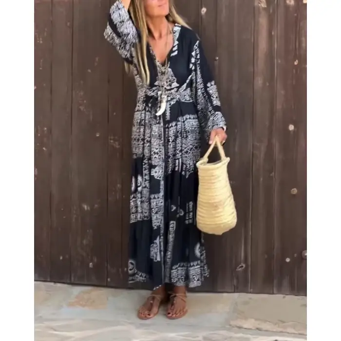 Robe bohème imprimée ethnique pour femmes, vintage, manches longues, col en V, ample, vacances, festival, ligne a, robe fluide, robe chemise élégante