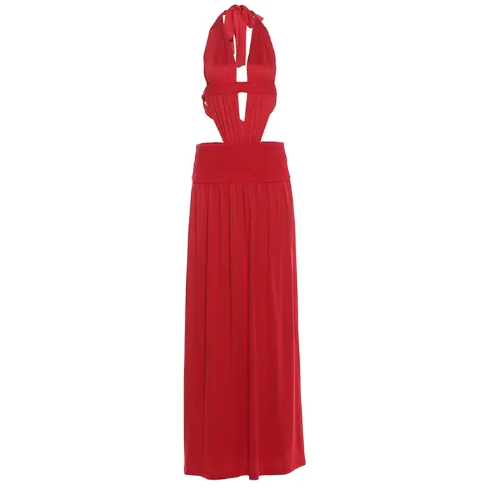 Robe longue moulante élégante froncée Kliou pour femme, tendance estivale, col halter, décolleté plo