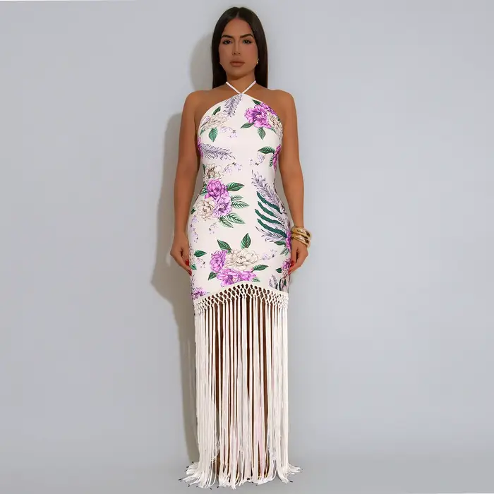 HLJ élégant fleur imprimé glands Patchwork robe longue femmes licou sans manches dos nu Maxi robes f