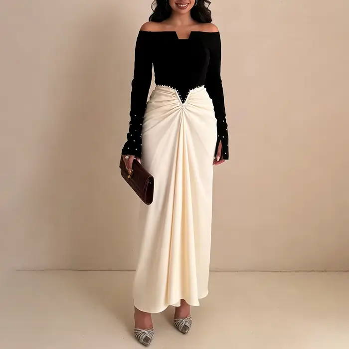 Robes longues de soirée luxueuses VGH couleur noire pour femmes, avec épaules dénudées, garniture de