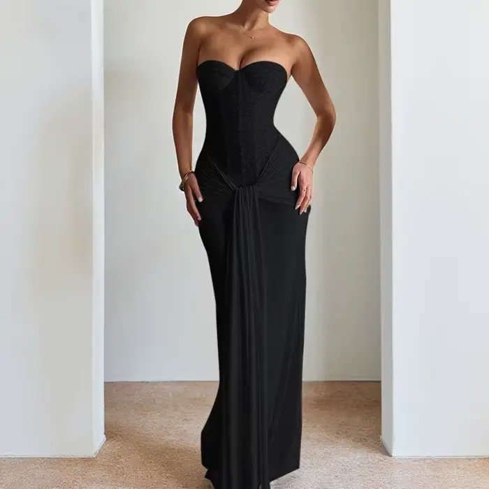 Robe de soirée élégante pour femme blanche longue drapée à nouer sexy sans bretelles sans manches ajustée avec empiècements brillants pour occasions spéciales