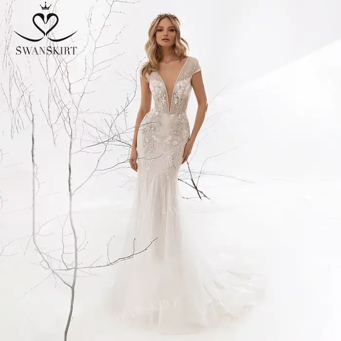 Robe De mariée sirène, col en v, sans manches, perlée, dos nu, personnalisée, SwanSarah UZ65, robe De soirée, 2025