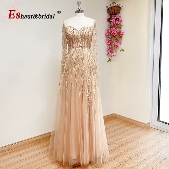 Robe de Soirée Élégante en Plumes pour Femme 2026, Col en V, Perles, Manches Longues, Fente Latérale, Coupe A-line, Robe de Cérémonie Formelle pour Mariage, Bal de Promo, Fête, Personnalisable