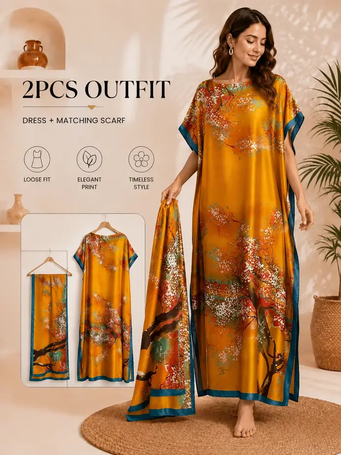 1 ensemble (robe + foulard) Kaftan luxueux pour femme - Imprimé floral jaune vibrant