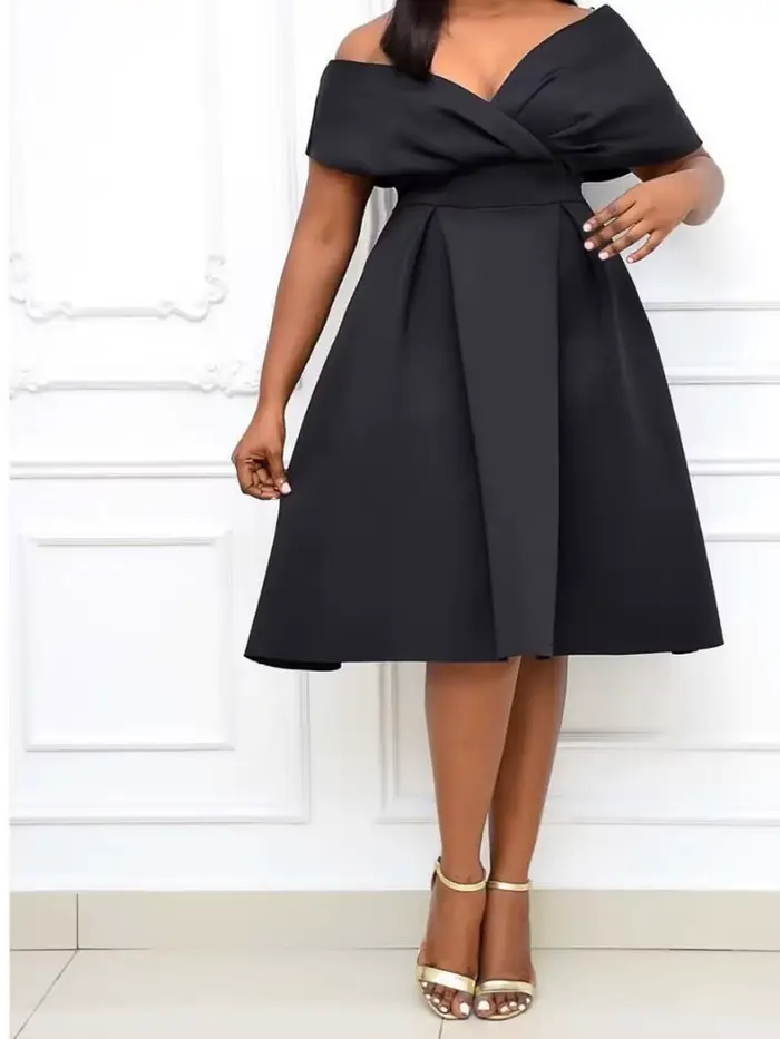 Robe mi-longue polyester pour femmes, col en V, coupe cintrée, manches courtes, silhouette élégante pour l'été et occasions spéciales