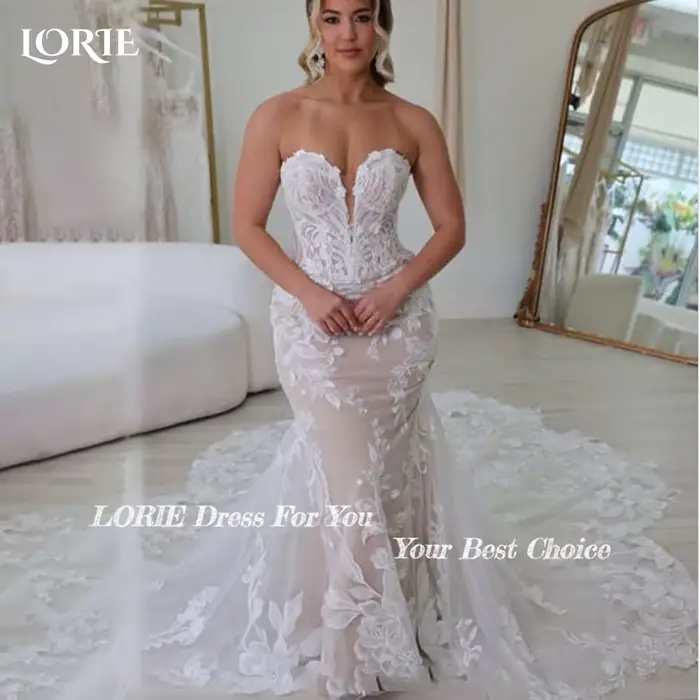 LORIE Boho robes de mariée sirène dentelle bretelles chérie plage robe de mariée Vintage Appliques l