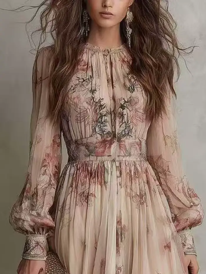 Robe longue plissée bohème vintage imprimée