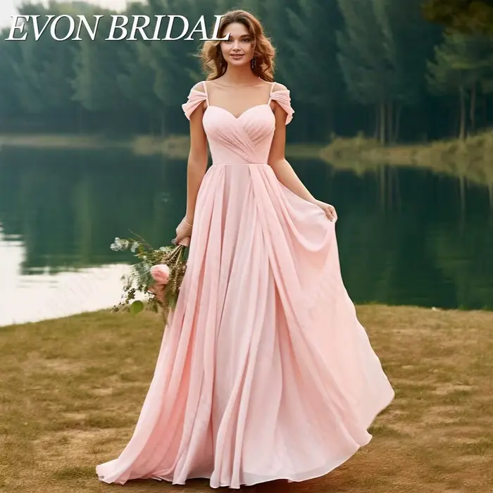 EVON BRIDAL-Robe de Demoiselle d'Honneur Rose Longue en Mousseline de Soie, Style Boho, avec Bretell