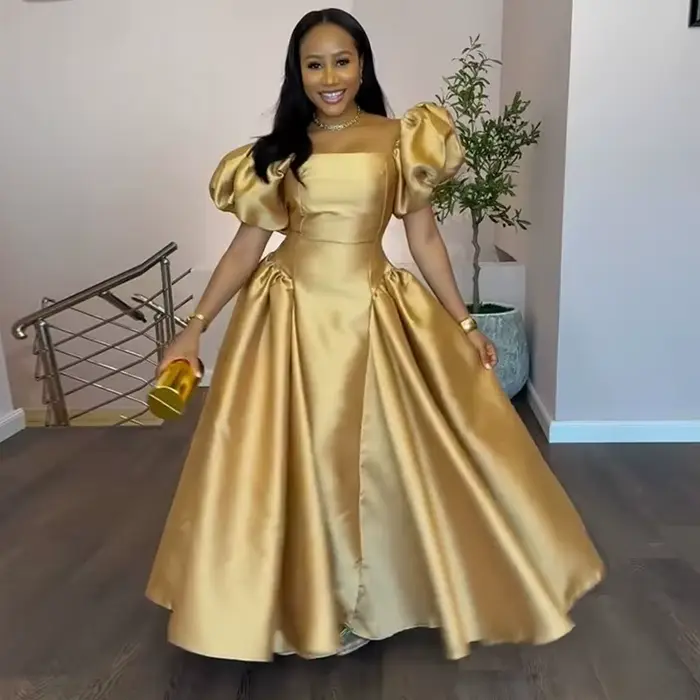 Robe élégante princesse manches bouffantes col carré polyester pour femmes occasions spéciales soirée cocktail printemps été