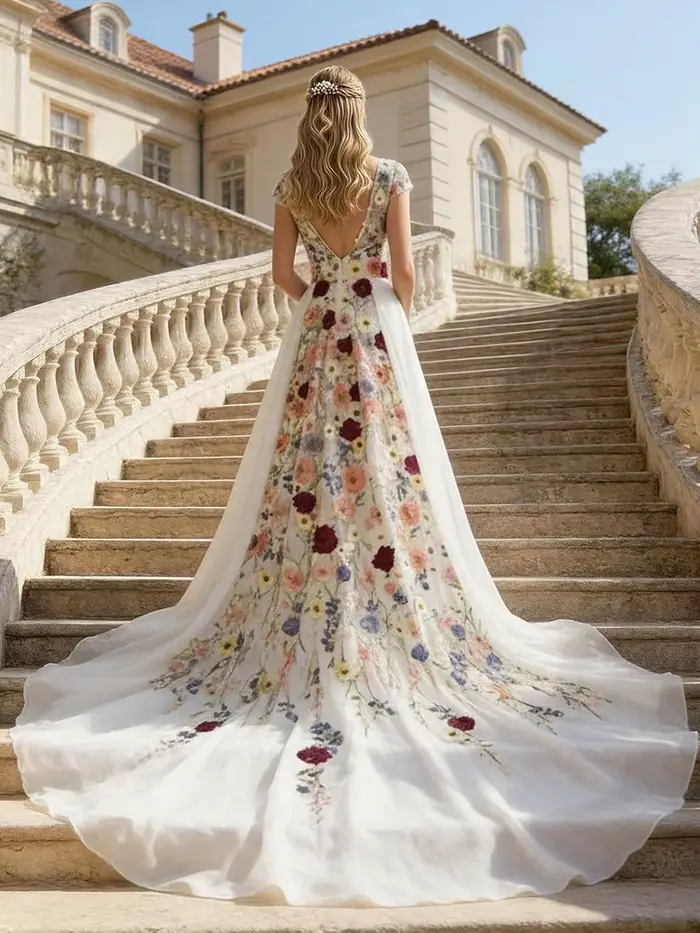 Robe de mariée bohème chic personnalisée en polyester avec broderies florales colorées, train de balayage/brosse, col en V et soutien-gorge intégré pour femmes grandes occasions spéciales