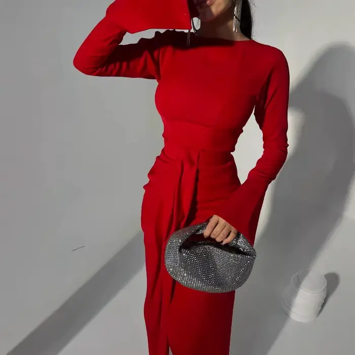 Robe de soirée rouge sexy ajustée à la taille, simple, pour événements formels, bal de promo, avec f