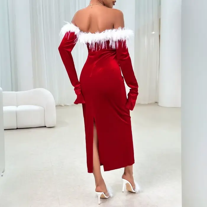 Robe de Noël rouge sexy pour femme style bureau dame en polyester à col en V et drapé élégant pour automne hiver