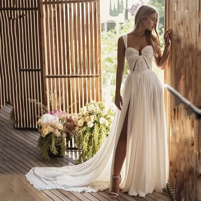 Robe de mariée trapèze en mousseline de soie, élégante et Simple, décolleté en cœur, fente latérale 