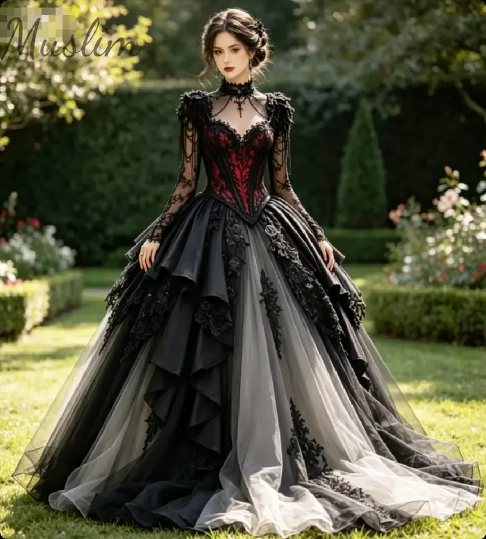 Robe de mariée gothique Renaissance vintage, fantaisie Whimsigoth, rouge et noir, avec corset en den