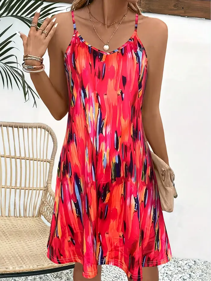 Robe d'été à col en V pour femmes style bohème fluide imprimée polyester sans manches pour vacances et sorties d'été