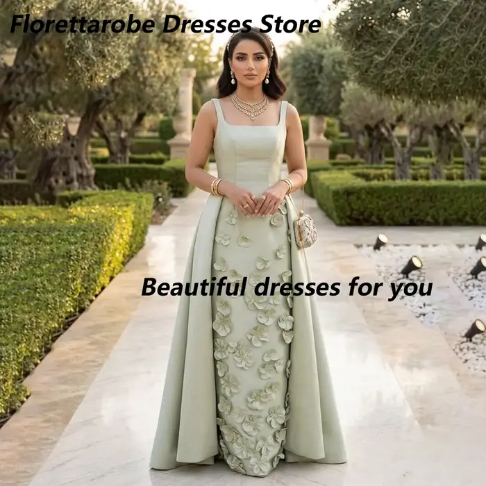 Robe de soirée vert sauge à fleurs 3D, col carré personnalisé, plissée droite, en satin, sans manche