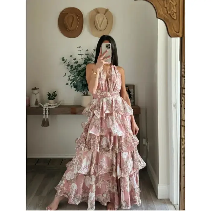 Robe longue bohème florale à volants dos nu style corset pour cocktail élégante invitée mariage plage soirée estivale