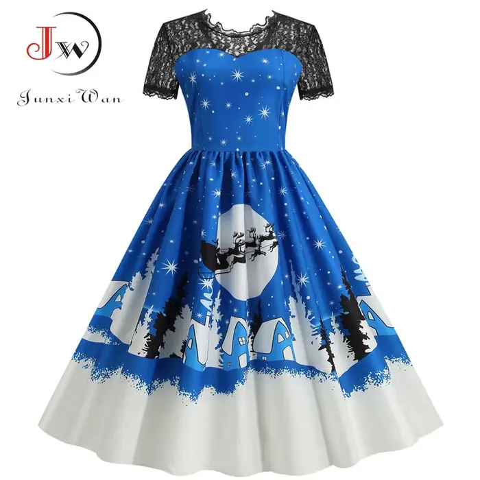 Robe de Noël pour femme élégante vintage taille haute décontractée imprimée en dentelle pour soirée festive et cérémonie d'hiver