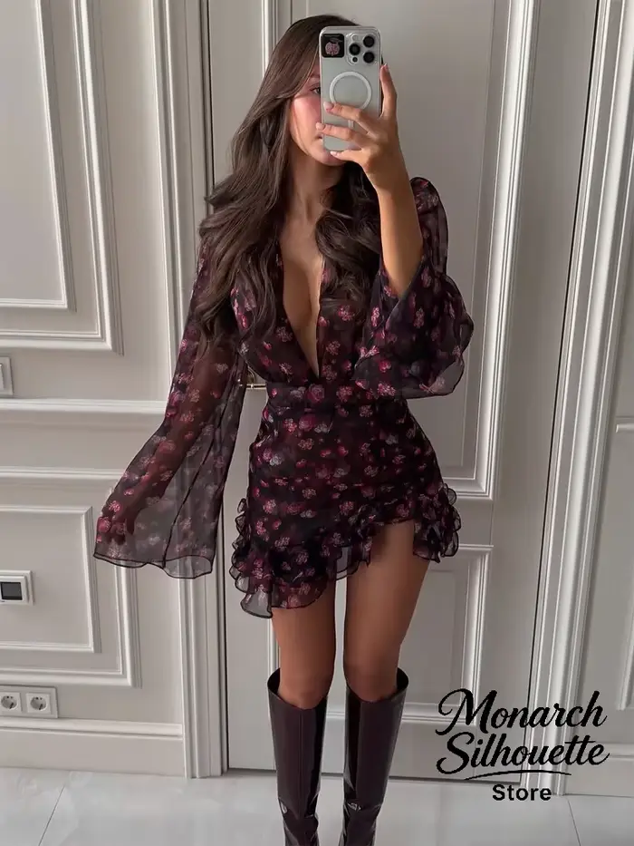 Robe moulante à volants peinte à la main Sexy Flora pour femmes