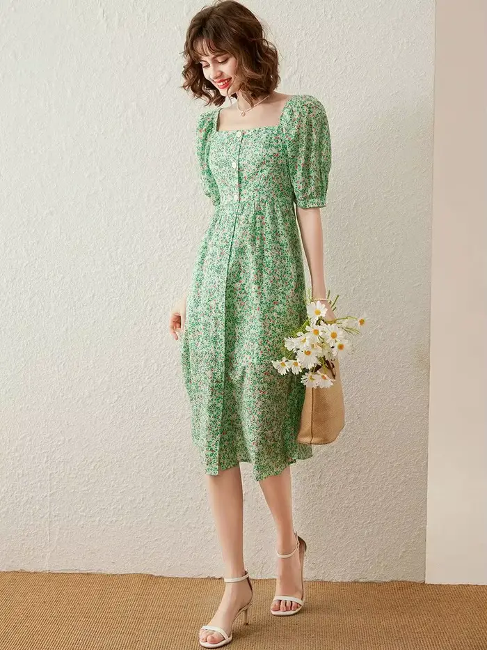Robe en coton et polyester mi-longue avec motifs floraux style rétro chic pour femmes occasions spéciales