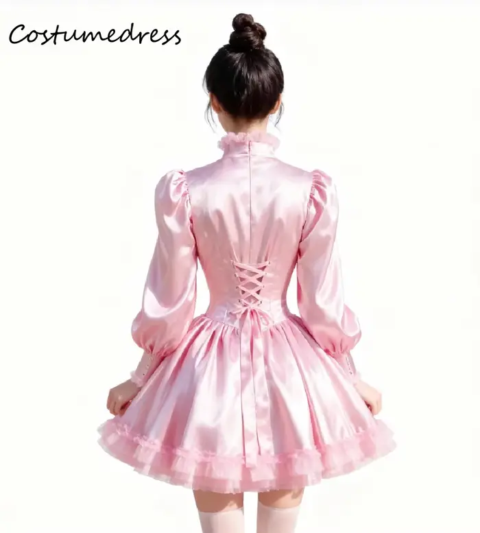 Robe de soirée rose coréenne élégante manches longues col haut nœud soirée officielle cocktail anniversaire occassions spéciales