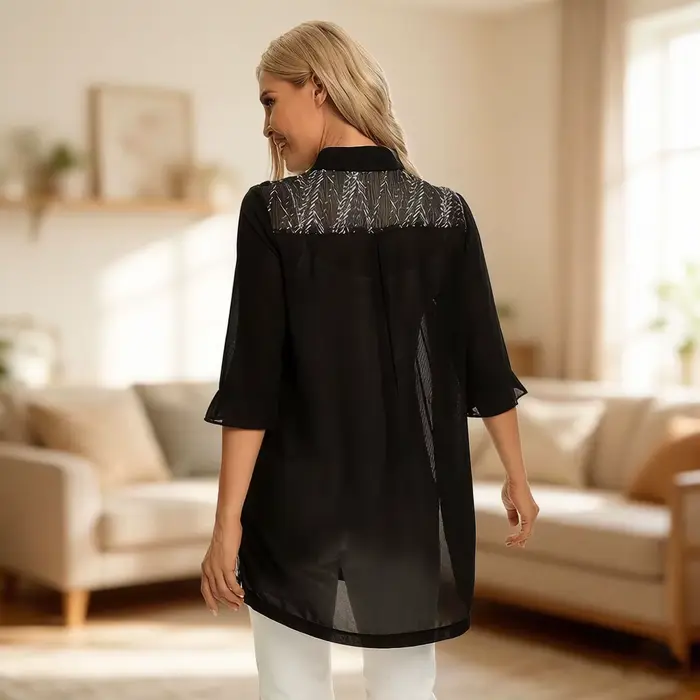 Robe chemise noire pour femme avec panneau imprimé latéral, chemisier long, col à revers vintage, ourlet asymétrique, coupe décontractée ample pour femmes occassions décontractées printemps automne
