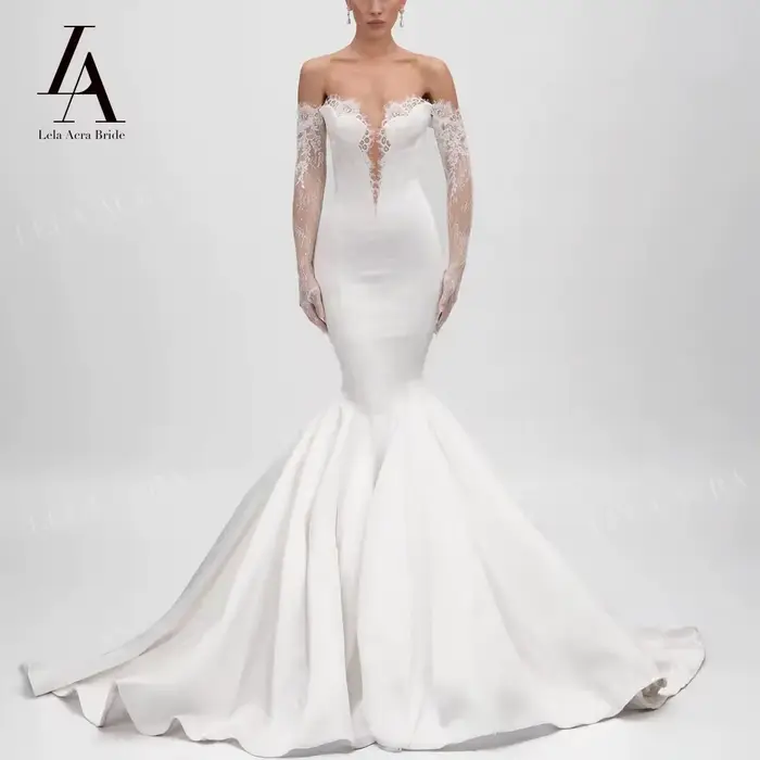 LelaAcra robe de mariée sirène à manches longues 2026 Satin chérie dos nu princesse robe de mariée V